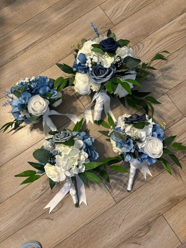Bride Wedding Bouquet Set. Blues And White. Silk Florals See Photos 