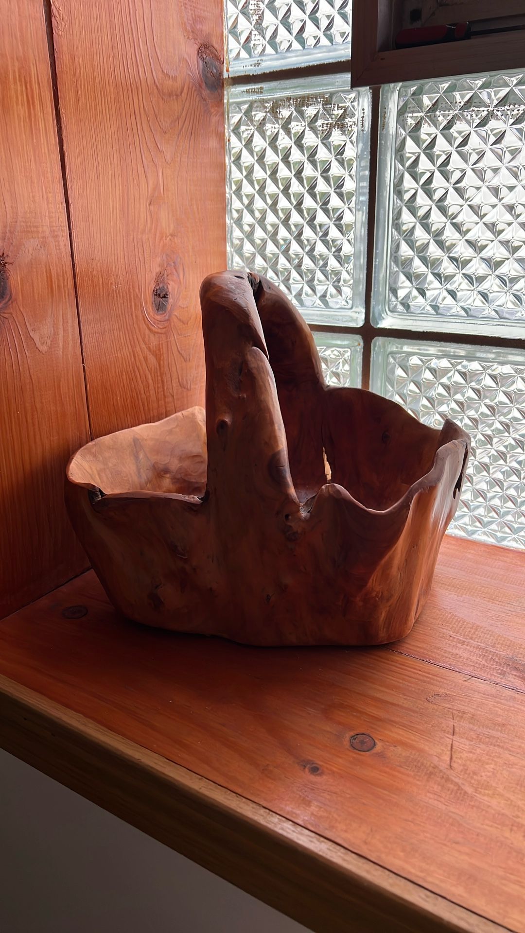 Vintage Hand Carved Burl Wood Tree Root Basket with Handle, 9.5” Tall