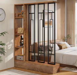 Modern Wall Room Divider with Shelves Black and Wood
