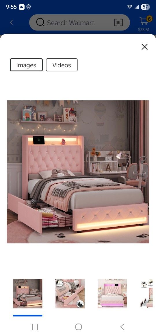 Homfa Twin Bed Frame with LED Light & Charge Station, 4 Storage Drawers Modern Upholstered Wingback Platform Bed Frame, Pink Velvet
