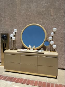 1980s Lane Brass 9 Drawer Low Dresser with mirror