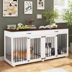 72.4" Modern Minimalist White/Black Wooden Dog Crate Furniture with 2 Drawers and Divider