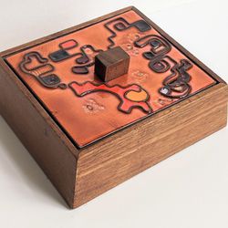 Vtg Handmade Wood Jewelry Trinket Box w/ Abstract Copper Enamel Lid