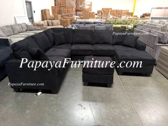NEW LARGE U Shape Sectional Sofa Chenille Fabric Black Dark Grey Modern and Chaise Set Discount Furniture Warehouse Big Couch Clearance SALE Chaise Se