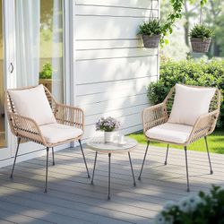 V-3 Piece Patio Bistro Set, Outdoor Wicker Patio Set for 2, All Weather Bistro Table and Chairs Set of 2, Balcony Furniture with Cushions Pillows for 
