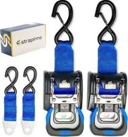 Strapinno 2PCS Stainless Steel Retractable Ratchet Straps (1 7/8 in x 4 ft) Heavy Duty Transom Tie Downs with Extension Straps, Bolt Set & Safety Latc