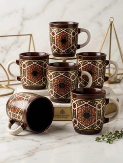 6-Piece Premium Moroccan-Style Ceramic Mug Set | Ornate Geometric Medallion Coffee Mugs