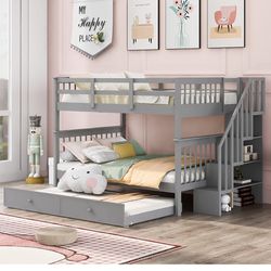 Wooden Gray Trundle Bunk Bed For Sale! PRACTICALLY NEW! 