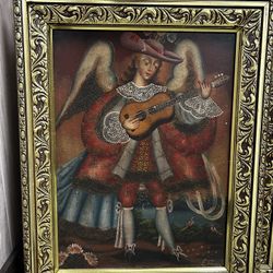 Peruvian Cuzco School Style Painting – Angel Playing Guitar