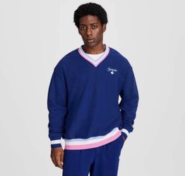 Champion Men Club Sport Striped V-Neck French Terry Pullover - Blue Depths