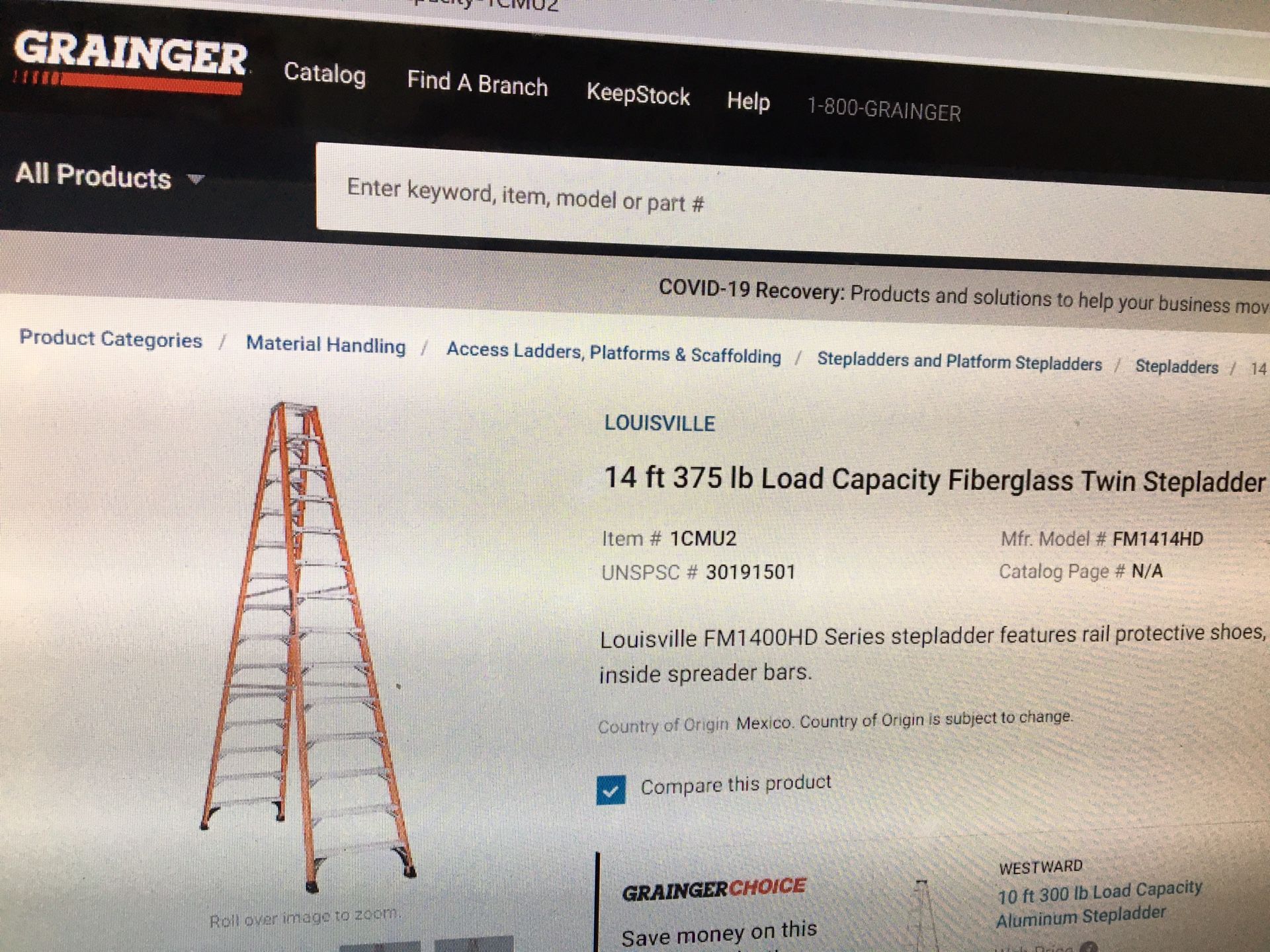 New Louisville FM1414HD 14ft Fiberglass Twin Stepladder 375 lbs