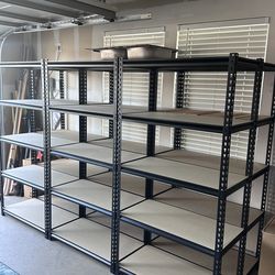 A set of shelving unit (for vertical posts, 4 shelf frames and 4 wooden surfaces/decks)