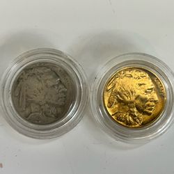 24k Gold Plated 1929s Buffalo nickel + 1929s Buffalo Nickel In Coin Capsules 