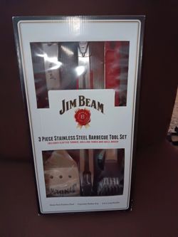 "JIM BEAM"3 PCS STAINLESS STEEL BARBECUE TOOL SET  SLOTTED TURNER GRILING TONGS GRIL BRUSH  ERGONOMIC GRIP RUBBERHANDLES