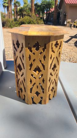 Pair of Moroccan Style Carved Wood Octagonal Side Tables / Stools (Set of 2)