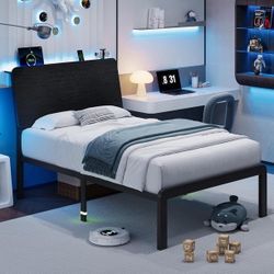 New Twin Size Bed Frame with Ergonomic Storage Headboard & Charging Station, LED Platform Bed Frame, Heavy Duty Metal Slats, No Box Spring Needed, Eas
