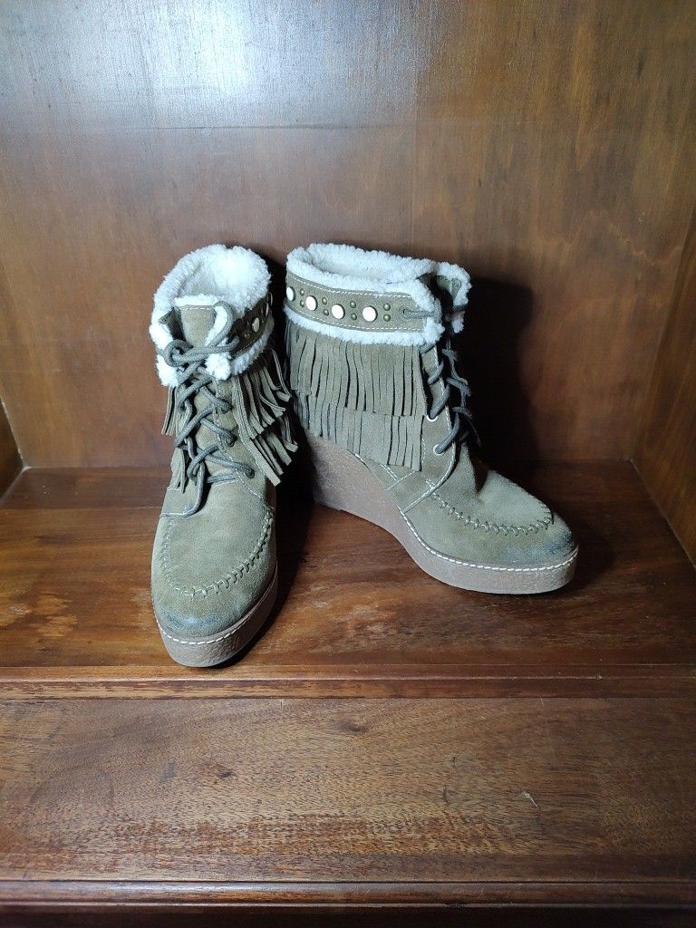 Sam Edelman Kemper Shearling Lined Fringe Brownish Green Wedge Boots Womens 8.5