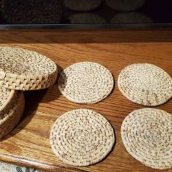 Vintage Wicker Costers with Holder (4 Costers)