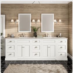 Eviva Epic 96” Double Sink Bathroom Vanity – White Quartz Top – Fully Assembled