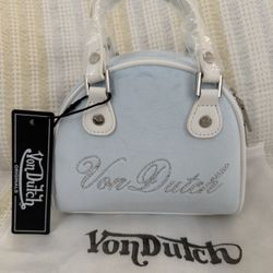 Von Dutch Velour Rhinestone Bowling Bag - Light Blue 