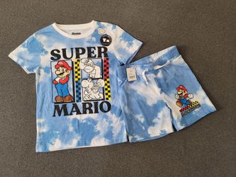 Super Mario Kids Blue Tie-Dye Outfit, Super Mario T-Shirt And Shorts, size xs
