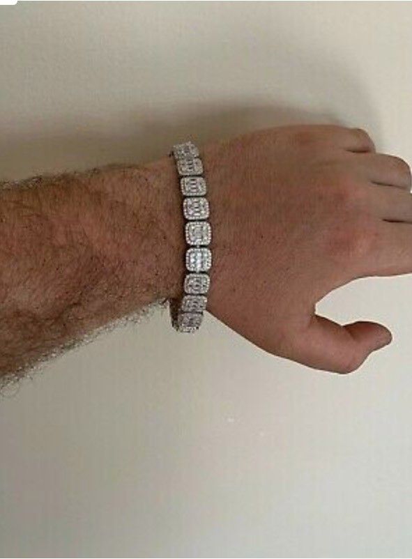 Men’s Real Solid 925 Silver Baguette Tennis Bracelet Iced Out Diamond Hip Hop