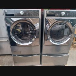 KENMORE ELITE SET STAINLESS STEEL WASHER AND ELECTRIC DRYER WITH PEDESTALS WORKING PERFECTLY/ LIKE NEW 