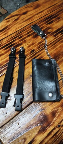 Biker Leather Wallet And Skull Head Boot Clips 