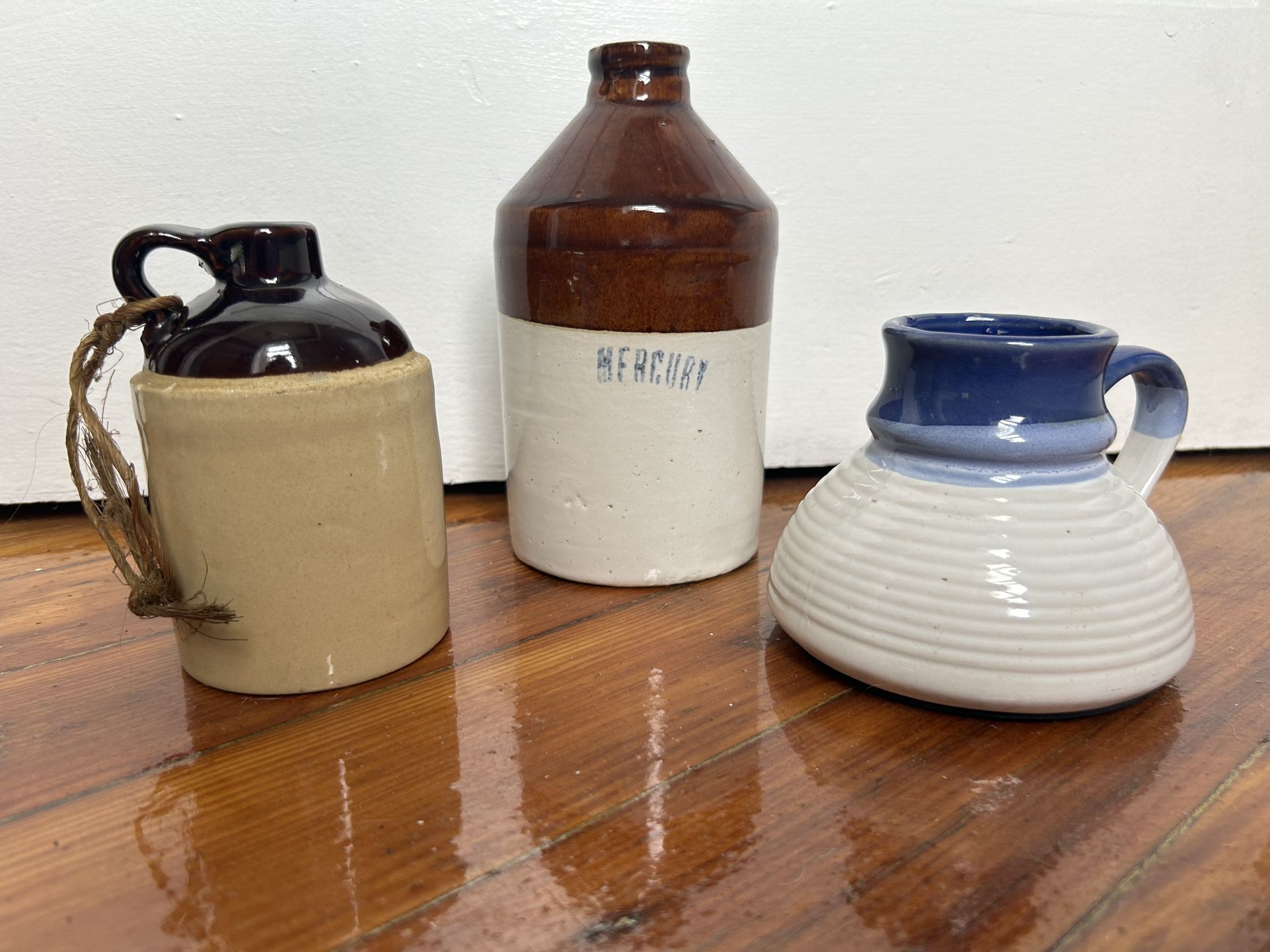 Lot of 3. Assorted Antique Stoneware Whiskey Jugs and ceramic mug. Perfect for Antique collectors, Modern Farmhouse Pottery Jug and decor & Rustic Kit