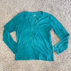Jones New York Women’s Henley V Neck T shirt Long Sleeve Blue Size M 100% Cotton