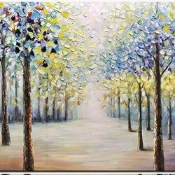 24" x 36" Forest Colorful Tree Oil Painting Textured Framed Canvas Wall Art