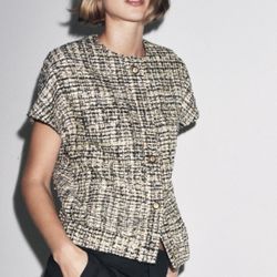 Zara collection black gold sequin tweed button down short sleeve blouse XS S
