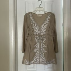 Women’s MICHAEL KORS 100% Cotton, Thin, Lightweight Three-Quarter Sleeve Beige With White Embroidering… Size Small
