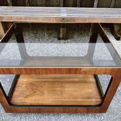 Set (2) Vintage 1970s Lane Altavista Walnut & Smoked Glass Side Tables (Pair)