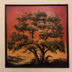 Large Hand-Painted Sunset Tree Canvas - Framed Wall Art - Warm Modern Decor