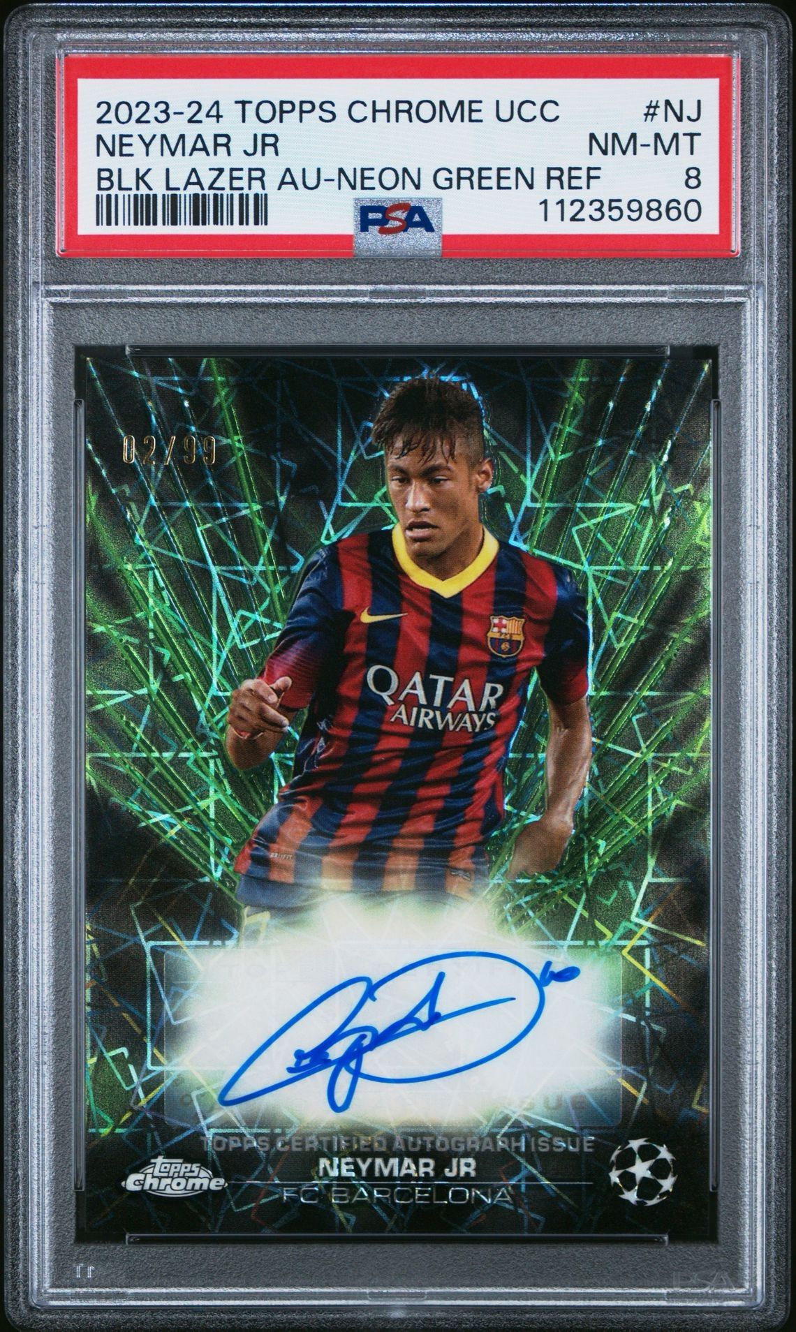 2023 Topps Chrome Neymar Jr Black Lazer AU-Neon Green Refrac Auto #NJ PSA 8