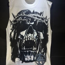 Lost Hills Skeleton Cut-Off Tee – White/Blue – Size S – 