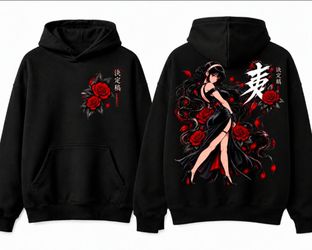 Black Anime Graphic Hoodie with Rose Print