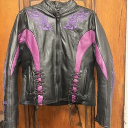 Xelement Ladies Medium S Gemma Black Purple Leather Motorcycle Embroidered Jacket