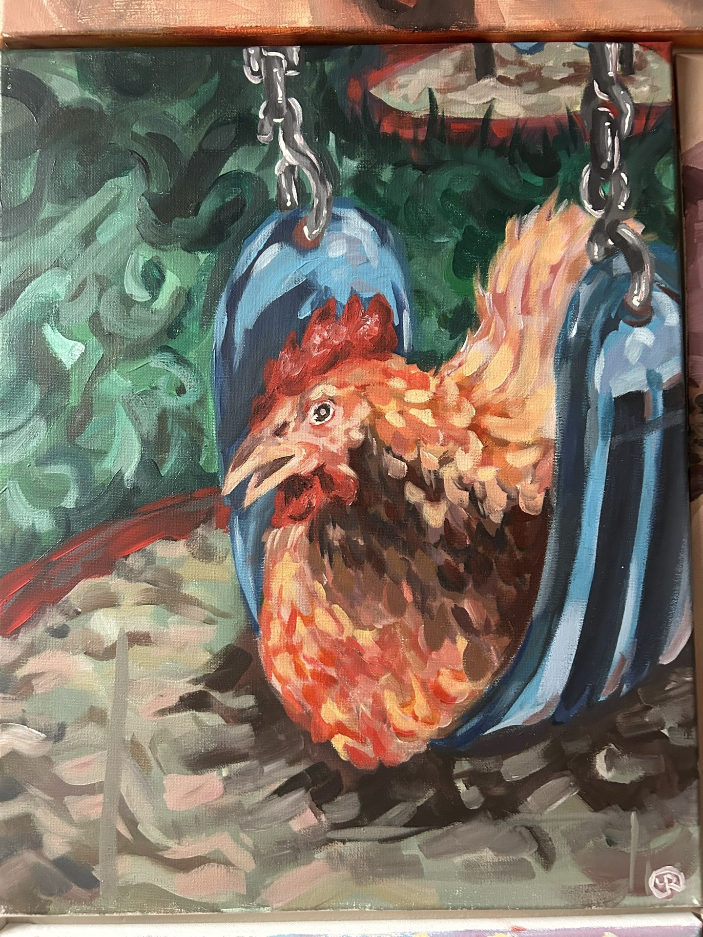 Chicken On A Swing, Acrylic Painting In Canvas Original