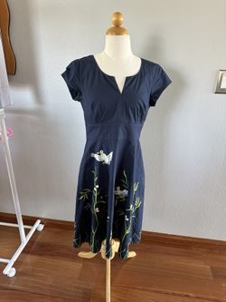 Wayward Fancies Womens Dress Embroidered Birds Navy Blue Medium Flaw