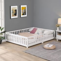 #495 Queen Size Floor Bed with Door,Solid Wood Platform Bed Frame with Fence,Suitable for Children,Pine Wood,White
