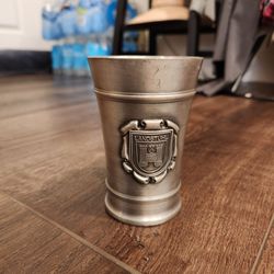 vintage German pewter souvenir cup (Zinnbecher) featuring the coat of arms for the town of Landstuhl, Germany, great condition