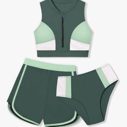 Girls Swimsuit 3 Piece Color Block Zipper Front Bathing Suit Bikini Size 15-16Y