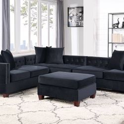 Brand New Glam Black Velvet Tufted Sectional With Free Ottoman Tufted Back Cushion