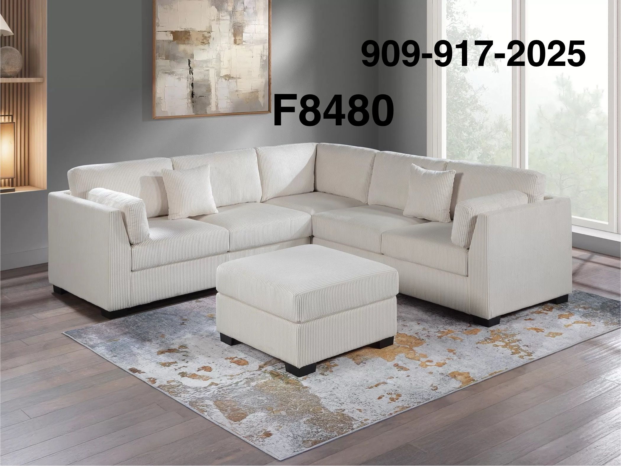 BEIGE CORDUROY SECTIONAL SOFA WITH OTTOMAN