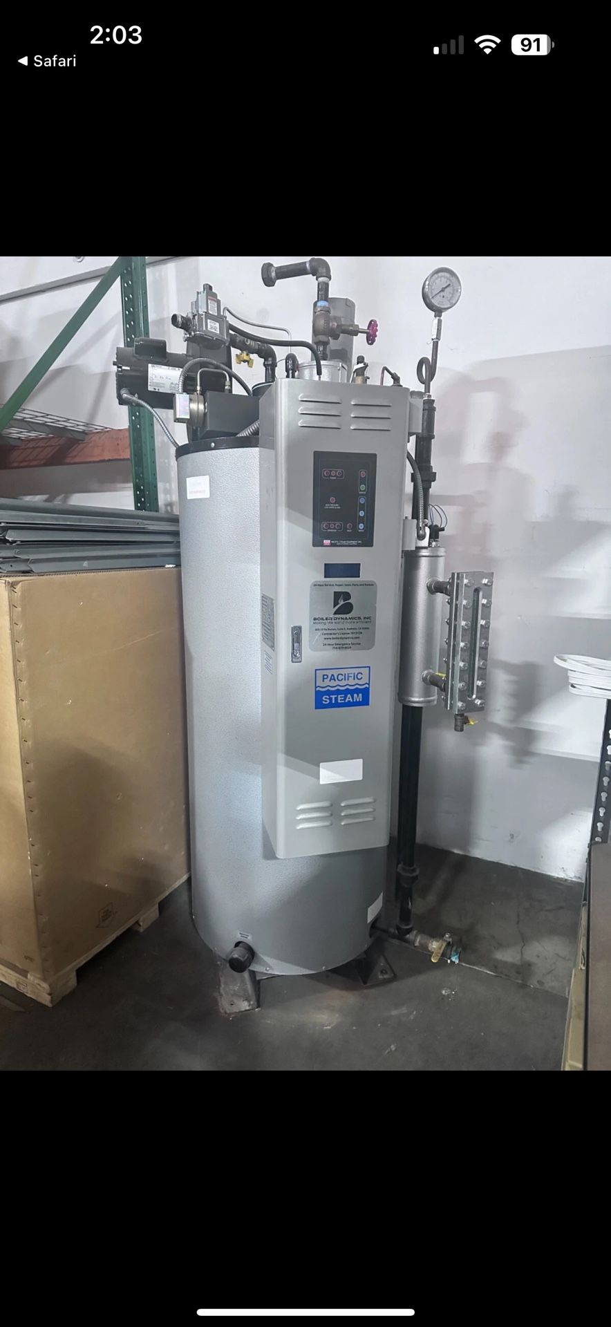 9.5hp Pacific Steam Boiler Model BP-200 with less than 200 hours total run time 12,000 OBO