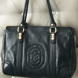 Marino Orlandi Genuine Leather Large Tote Shoulder Black Bag Gold Logo Hardware . 