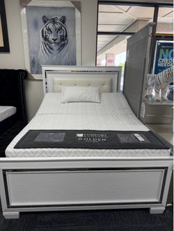 Pretty White and Silver Accents Bed Frame - Mattress Available - Same Day Delivery!!!