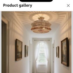 16''Coastal Rattan Semi Flush Mount Ceiling Light Farmhouse Rattan Ceiling 